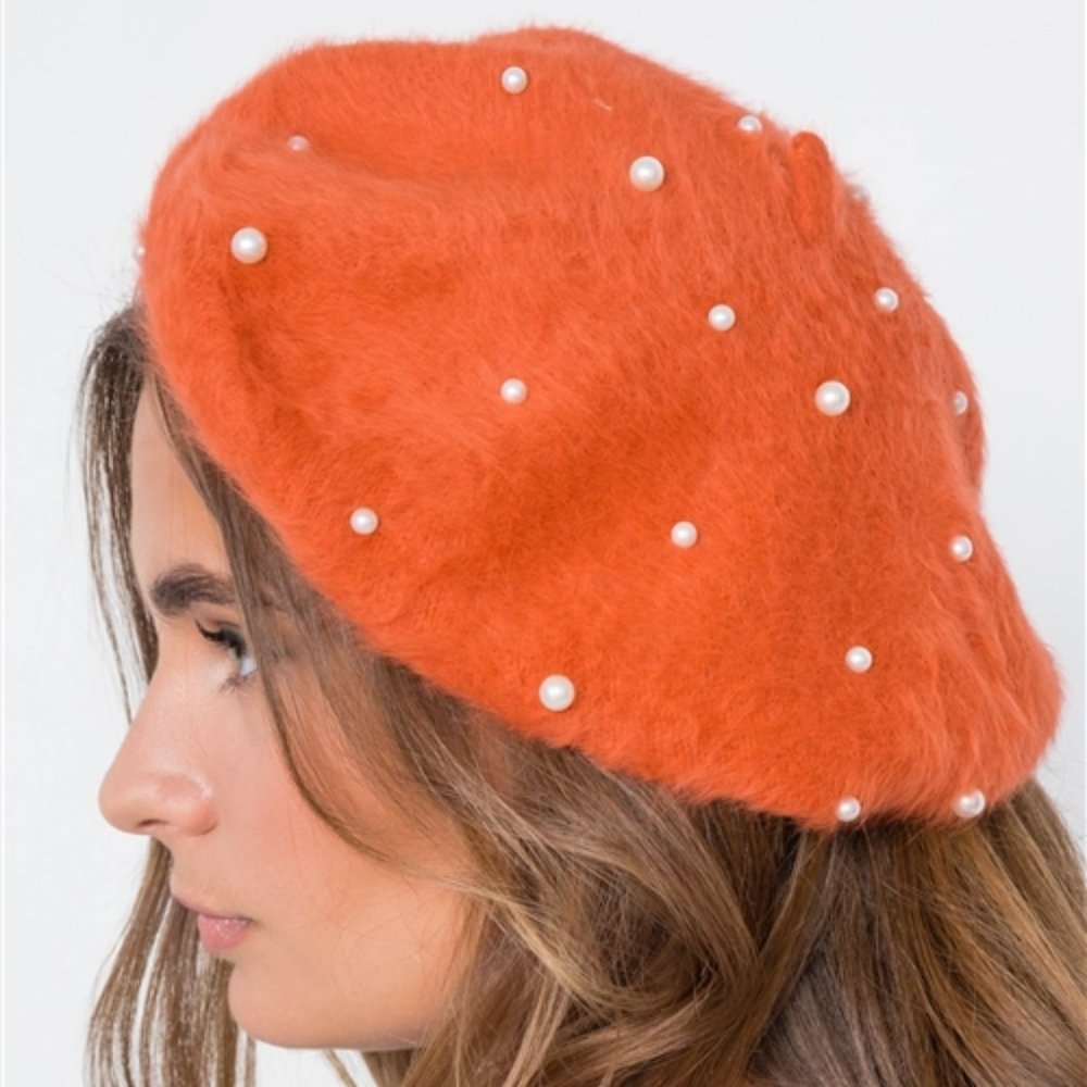 PUMPKIN SPICE Pearl Detailed fuzzy Beret -… - Picture 2 of 4
